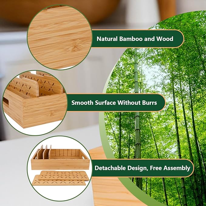 Bamboo Drawer Organizer Boxes, Natural Bamboo Storage Tray Drawer Organizer Set, Kitchen Utensil Holder & Cutlery Tray with 5 Custom Adjustable Dividers Cutlery Tray Drawer Dividers for Flatware