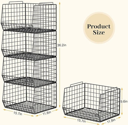 4-Tier Stackable Closet Organizers and Storage Shelves, Foldable Closet Shelf Organizer System, Space-Saving Clothes Storage Drawer Organizer Basket Bins, Black