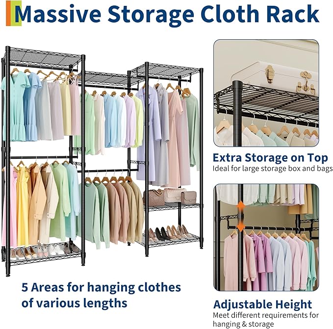 Portable Clothes Rack Heavy Duty Garment Rack, Large Freestanding Closet Wardrobe with Adjustable Shelves & 5 Hanging Rods, Closet Organizer and Storage for Bedroom Cloakroom, 76.5"H x 67.6"L x 15.5"W