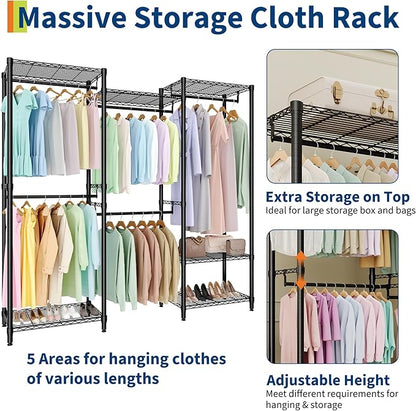 Portable Clothes Rack Heavy Duty Garment Rack, Large Freestanding Closet Wardrobe with Adjustable Shelves & 5 Hanging Rods, Closet Organizer and Storage for Bedroom Cloakroom, 76.5"H x 67.6"L x 15.5"W