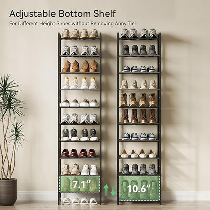 Narrow Shoe Rack, 10-Tier Metal Shoe Organizer,Tall Shoe Shelf with Anti-Tip Strap, Max Holds 20 Pairs,Space Saving for Closet,Entryway,Black