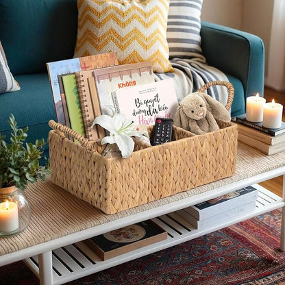 Divided Water Hyacinth Baskets with Handles, Storage Basket Woven Natural for Organizing Bathroom Kitchen Shelves Office Supplies Organization, Wicker Storage Baskets 4 Section Rectangular Tray
