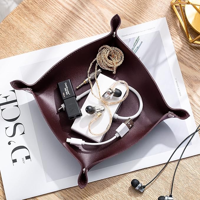 SANQIANWAN Leather Jewelry Valet Tray for Women and Man, Portable Entryway Table Tray Bedside Nightstand Desk Tray Small Catchall Travel Dish Plate for Key,Wallet,Watch,Coin(8x8, Deep Brown-B)