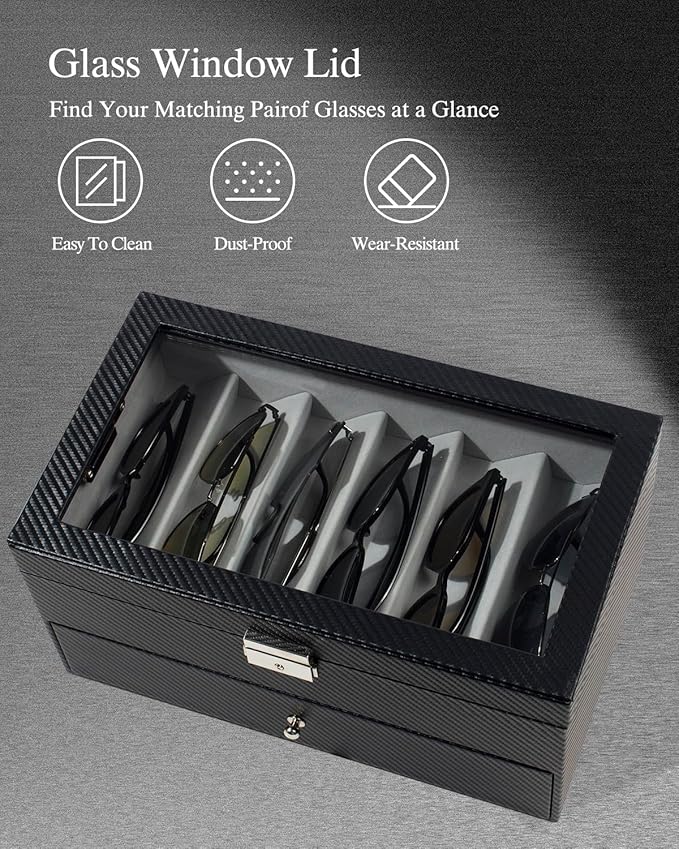 GUKA 2-layer Sunglasses Storage Organizer, 12 Slots Leather Sunglass Box Multiple Pairs Eyeglass Display Case for Women Men, Gift Idea (Black+Grey)