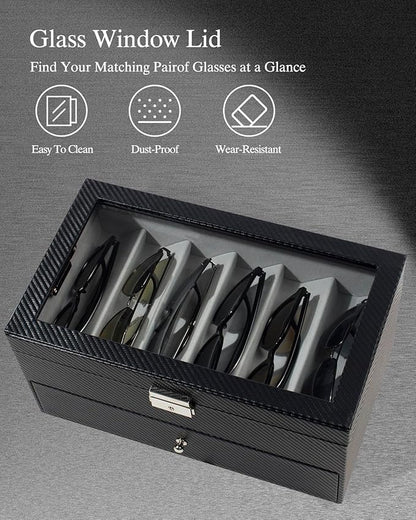 GUKA 2-layer Sunglasses Storage Organizer, 12 Slots Leather Sunglass Box Multiple Pairs Eyeglass Display Case for Women Men, Gift Idea (Black+Grey)