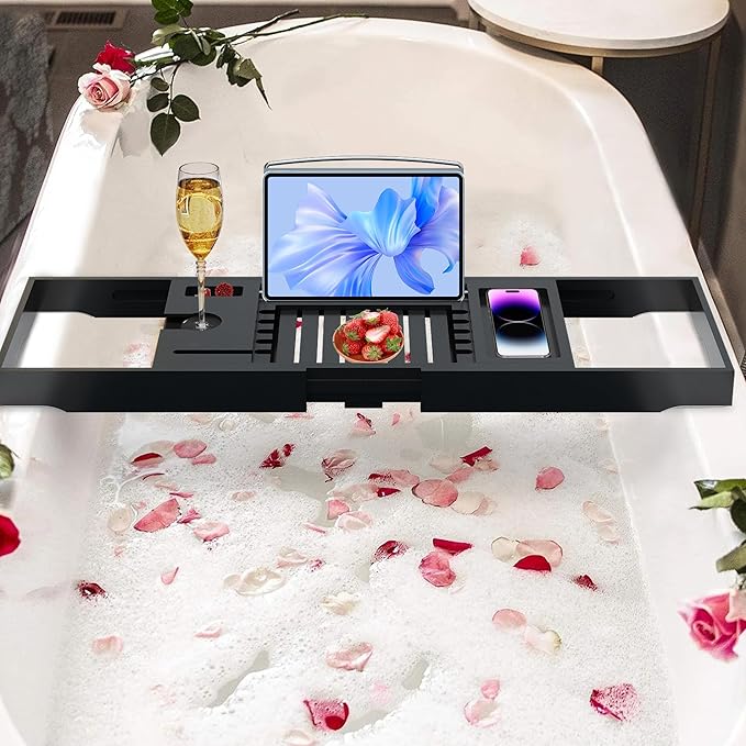Luxury Bathtub Caddy Tray for Tub - Foldable Bamboo Bath Table Tray with Book and Wine Glass Holder, Expandable Bathroom Accessories for Spa or Reading Lite Style,Black