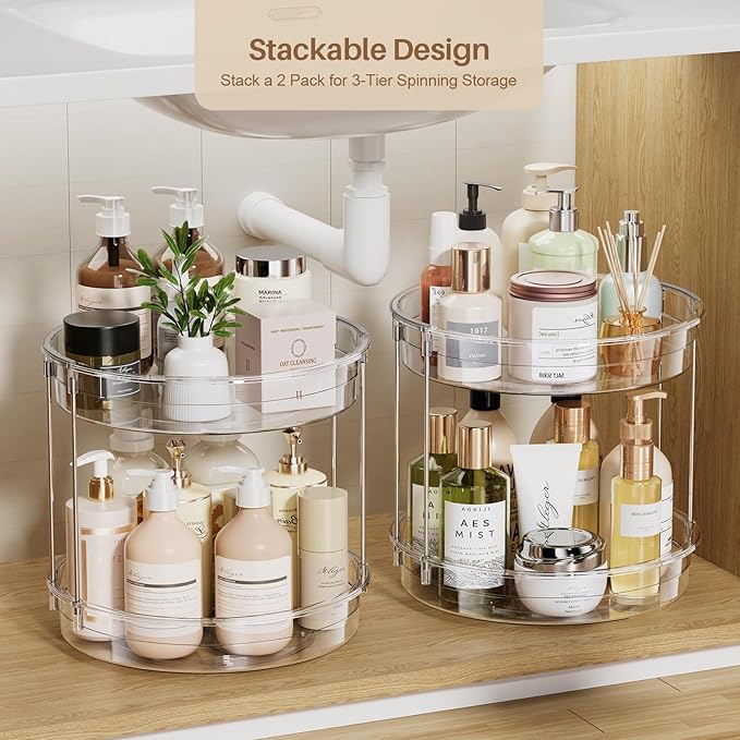 LAMU 12inch 2 Tier Lazy Susan Turntable Organizer Rotating Spice Rack Organization for Cabinet, Kitchen, Pantry, Countertop, Bathroom, Vanity, Medicine Cabinet Organizer, Clear