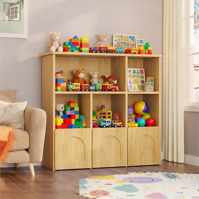 Toy Storage Organizer with 3 Movable Drawers,Montessori Bookshelf with 5 Open Cubbies,White Kids Bookshelf with Wall Mounting Hardware for Playroom,Den Kids Room