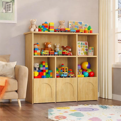 Toy Storage Organizer with 3 Movable Drawers,Montessori Bookshelf with 5 Open Cubbies,White Kids Bookshelf with Wall Mounting Hardware for Playroom,Den Kids Room