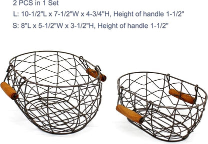 CVHOMEDECO. Oval Wire Egg Baskets Rustic Fruit Baskets with Wooden Handles Primitives Vintage Gathering Basket. Rusty, Set of 2