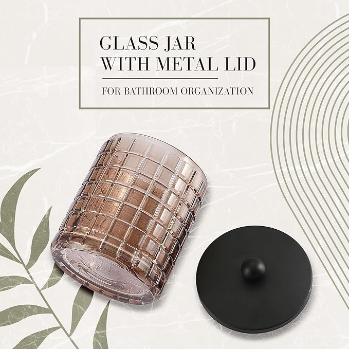 Indecor Home Amber Colored Tranlucent Apothecary Etched Geometric Grid Glass Jar W/Matte Black Metal Lid for Bathroom Organization, Cotton Balls, Q Tips, and Small Accessories, Bathroom Storage