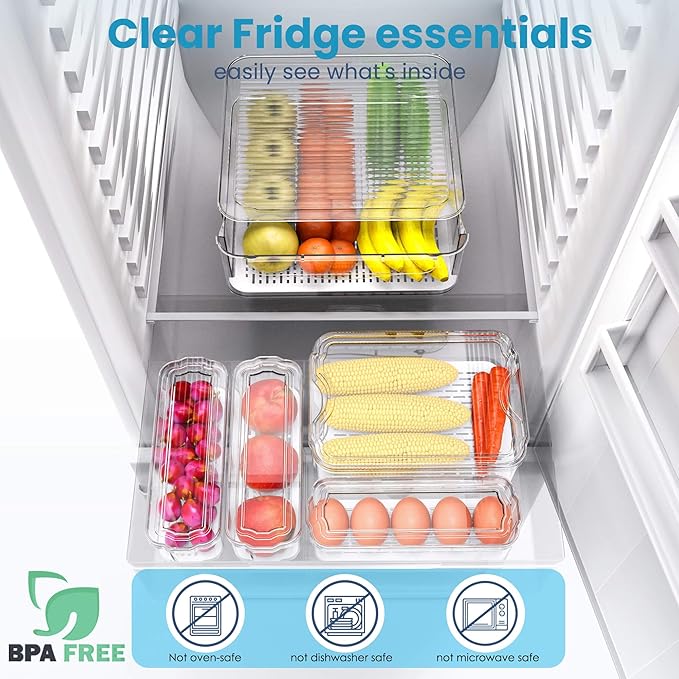 SMRCAD 6 Pack Refrigerator Organizers, Clear Pull-out Drawer Container and Organizer Bins with Lids, Stackable Storage Containers for Fruits, Vegetable (Set of 6 (Include Pull-out Drawer))