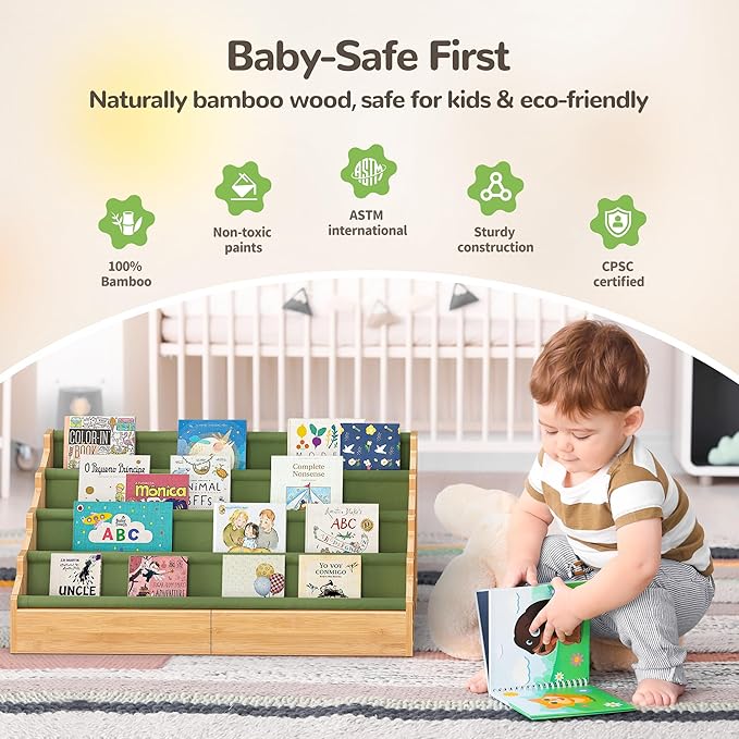 ELYKEN Toddler Bookshelf for Kids Rooms, Nursery Book Shelves with Open Forward Display, Montessori Book shelf for Baby Room, Small Children Classroom Books Rack Storage, Reading Corner for Kid, Green
