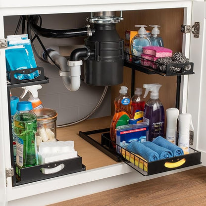 ClearSpace Under Sink Organizer, Pull Out Cabinet Organizer, 2 Pack - 2 Tier Slide Out Organizers and Storage Shelf - Metal Sliding Drawer for Kitchen Bathroom Pantry Cabinet Organization Rack, Black