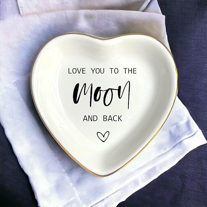 HatafaFurni Ring Dish Gift For Mom Wife Bride Lover, Ceramic Jewelry Dish, Trinket Tray, Mother's Day Gift, Wedding Gifts, Love You To The Moon And Back, Vday Gifts for Lover, Valentines Gift Ideas