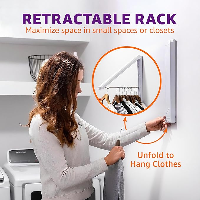 InstaHanger Clothes Drying Rack - Wall Mounted Laundry Drying Rack for Small Spaces - Wall-Mounted Clothes Racks Holds Up to 60 lbs - Space Saving Collapsible Laundry Hanger for Storage - Pack of 2