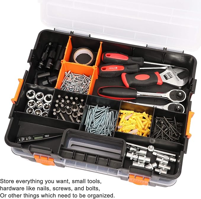 CASOMAN Tool Box Organizer Interlocking Black Small Parts Organizer for Fasteners and Crafts w/Removable Dividers (2 Piece Pack)