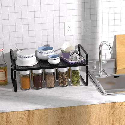 Redrubbit Expandable Cabinet Storage Shelf, Adjustable Height Steel Metal Kitchen Counter Organizers Shelves Spice Rack for Kitchen Pantry Bathroom Cupboard Desk Home Office, Black-1 Pack