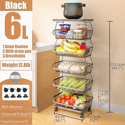 MURRI&MURRDI Fruit Vegetable Storage Basket with Wooden Lid, 6 Tier Stackable Wire Kitchen Cart with Wheels, Tall Produce Snack Racks Display, Narrow Rolling Cart for Pantry Onion Potato, Black