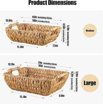 Woven Storage Baskets – Set of 2 Handwoven Water Hyacinth Wicker Baskets with Wooden Handles for Organizing, Decorative Baskets for Laundry Room, Home Decor - Large & Medium