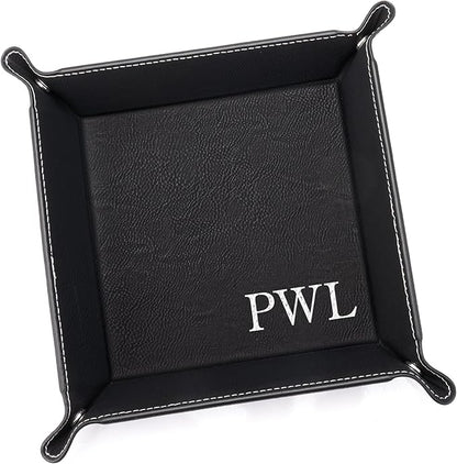 Lifetime Creations Monogrammed Valet Tray (Black) - Personalized Vegan Leather Catchall, Change Tray, Groomsmen Gift, Desk Dresser Organizer