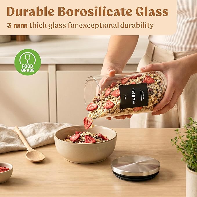 Glass Storage Containers with Stainless Steel Lids [Extra Thick Glas] with 54 Labels - Canister For Pantry Noodles Flour Cereal Rice Sugar Tea Coffee Beans - Round Set of 5x