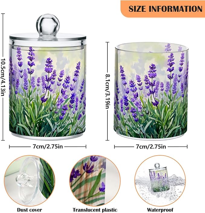 MNSRUU 4 Pack Qtip Holder Organizer Dispenser Lavender Bathroom Storage Canister Cotton Ball Holder Bathroom Containers for Cotton Swabs/Pads/Floss