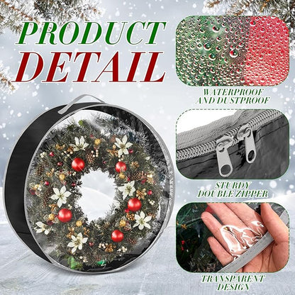 4 Pcs Christmas Wreath Storage Bag, Christmas Garland Storage Container with Clear Window, Zipper & Handle for Xmas Holiday Seasonal Wreath Garland Box(Black,36")