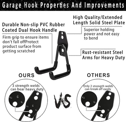 Steel Garage Storage Hooks - 16 Pack Anti-Slip Coating, Heavy Duty Wall Mount Hooks for Hanging Bike, Ladder, Garden Tools