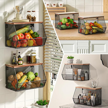 3-Pack Stackable Wire Basket with Wood Lid - Wall Mounted Fruit & Vegetable Bowl for Kitchen, Potato & Onion Storage