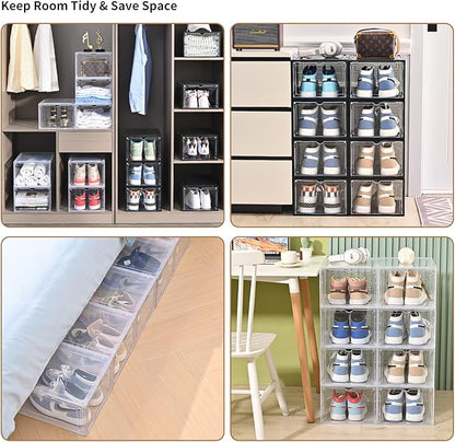 KEFA XL Shoe Storage Box, 8 PACK Shoe Boxes Clear Plastc Stackable Organizer, Clear Plastic Shoe Boxes Fit for US 15 (8 PACK BLACK)