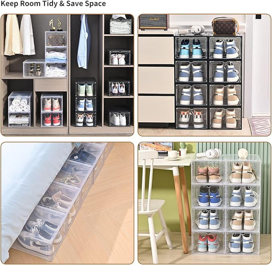 KEFA XL Shoe Storage Box, 6 PACK Shoe Boxes Clear Plastc Stackable Organizer, Clear Plastic Shoe Boxes Fit for US 15 (6 PACK BLACK)