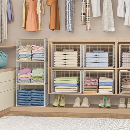 Wider Stackable Closet Organizers and Storage with Top Board, 3 Pack Closet Shelf Organizer, Double Storage Design, Clothes Storage Cubes/Bins/Baskets for Wardrobe, Space-Saving, White,Sturdy,Metal