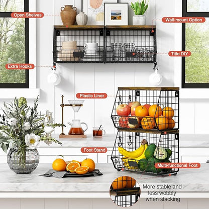 Hanging Wall Fruit Basket for Kitchen Counter 2 Pack, Stackable Wire Baskets for Organizing with Wood Lid, Potato and Onion Storage Bin with Banana Hook for Vegetable Produce, Black + Rustic