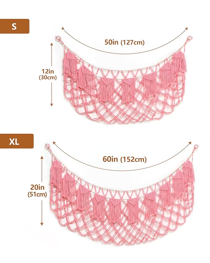 Macrame Stuffed Animal Hammock Toy Storage with Lights - Small Wall Net Toys Storage Stuff Animal Organizer Holder,Pink Room Decor for Teen Girls,Boho Nursery Bedoom Decor Aesthetic