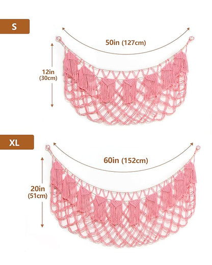 Macrame Stuffed Animal Hammock Toy Storage with Lights - Small Wall Net Toys Storage Stuff Animal Organizer Holder,Pink Room Decor for Teen Girls,Boho Nursery Bedoom Decor Aesthetic