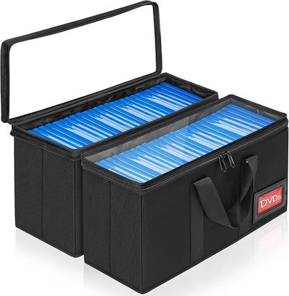 DVD Storage Case 2 Pack, Each Holds 25 DVDs (50 Total), 15.5" x 5.7" x 8", Portable Organizer Bag with Clear Cover, Zipper & Handles, Black