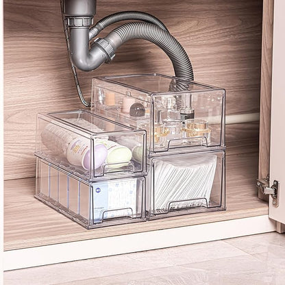 2 Pack Stackable Pull-Out Storage Drawers,Plastic Clear Organizer Bins with Handles,Easily Clean for Craft,and Toy Organization,Kitchen,Undersink,Cabinet,Fridge,Closet,Pantry,Office,Bathroom