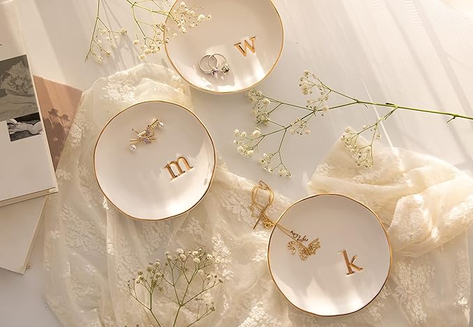 COLLECTIVE HOME - Ceramic Jewelry Tray, Decorative Trinket Dish for Rings Earrings Necklaces Bracelet Watch Keys, Birthday Mother's Day Christmas Gift for Women, 4.75", White Surface (H)