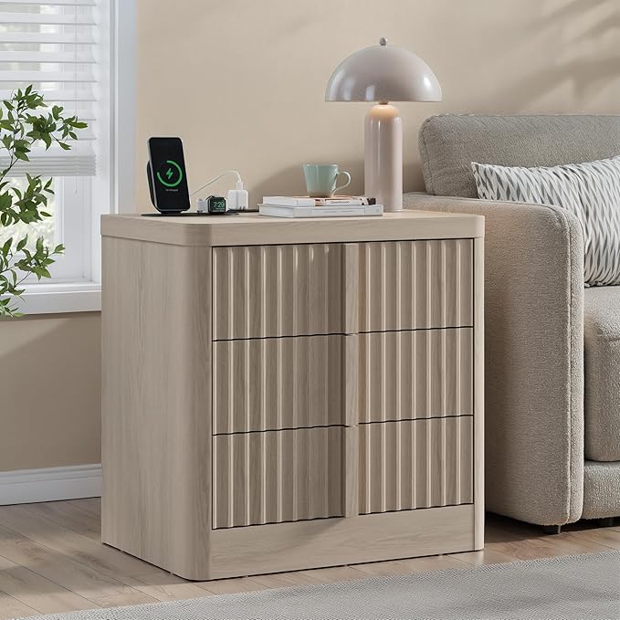 Harpaq Fluted Nightstand Set of 2 with Charging Station, 23.6" Wood End Table with Solid Wood Handle, Mid Century Moden Bedside Table 3 Drawer Dresser for Bedroom, Living Room, White Alder