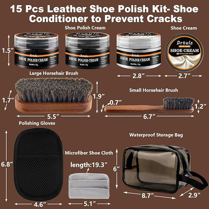 15Pcs Shoe Care Kit with Men & Women, Shoe Polish Brush Black Brown Neutral Oil Gentle Care for Shoes, Leather Boots Care, Shoe Cleaning Kit for Shine