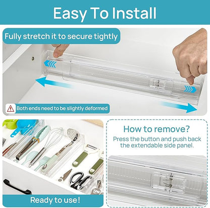 Vtopmart 4 Pack Shallow Drawer Dividers, 2.36" High 12.67"-21.14" Adjustable Expandable Kitchen Drawer Organizer, Clear Plastic Organizer Separators for Flatware, Utensil, Cutlery, Underwear, Clothes