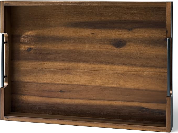 20 Inch Acacia Wood Ottoman Tray for Living Room - Coffee Table Trays, Serving Tray with Handles for Ottoman Table, Decorative Trays for Home Decor, Charcuterie Boards (Walnut Color)