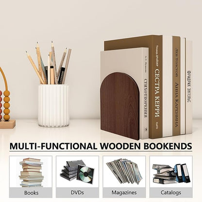 Walnut Wood Book Ends for Shelves - Hand Polished Edges, Non-Skid Bookends for Heavy Duty Book Holders Office Desk Shelves Decorative Book Organizer, 6.69"H x 4.72"W x 3.94"L (1 Pairs)