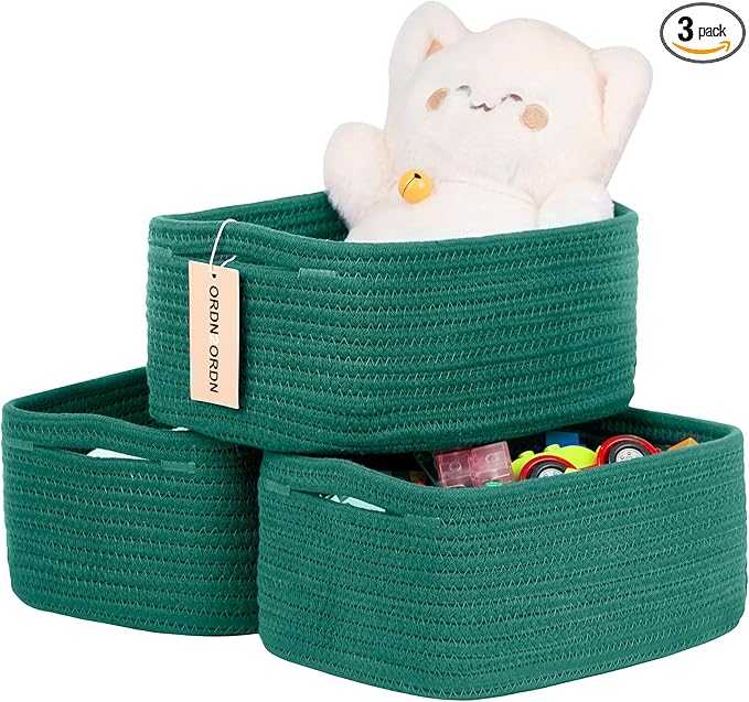 Small Storage Baskets for Organizing, Woven Storage Bins for Shelves, Gift Basket Empty, Cute Decorative Closet Organizer, Baby Rope Basket, Dog Toy Storage, 11x7.5x4.5”, 3Packs Green