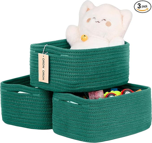 Small Storage Baskets for Organizing, Woven Storage Bins for Shelves, Gift Basket Empty, Cute Decorative Closet Organizer, Baby Rope Basket, Dog Toy Storage, 11x7.5x4.5”, 3Packs Green