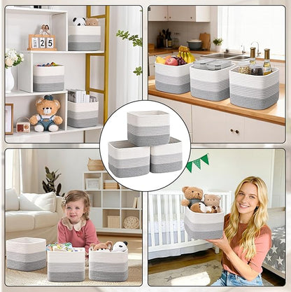 3 Pack Cube Storage Bin, 9”x9”x7” Cotton Rope Woven Baskets for Organizing Toys Clothes Towels, Square Gift Storage Baskets for Shelf, Nursery, Closet, Bathroom, Pantry (3-Tone Gray)