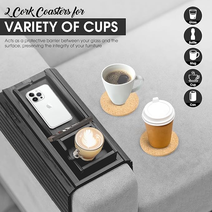 Couch Cup Holder Tray with 2 Cork Coasters, Couch Caddy, Anti-Slip Foldable Armrest Sofa Tray, Couch Armrest Table, Anti-Spill Holder for Remote, Snacks, Cellphone - Ideal Gift (Black)