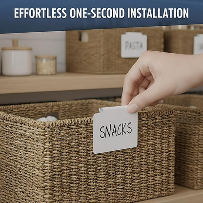 30 Basket Labels Clip On for Pantry Organization and Storage 3x4 in Baskets Bin Labels - Plastic Small Labels for Baskets - White Bin Clip Labels for Baskets - Basket Tags Dry Erase Bin Labels Clip On