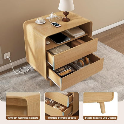 Nasonet Night Stand with Charger Station, Mid Century Modern Nightstand with 2 Drawers, Wood Bedside Table for Bedroom, Curved Beveled Design, Oak